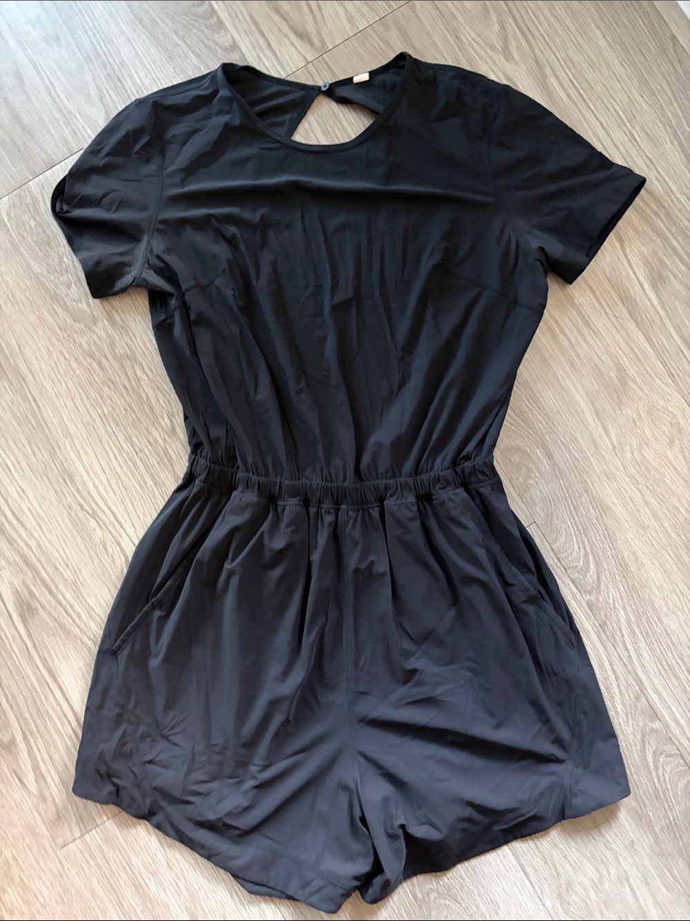 Black Short-Sleeve Elastic-Waist Romper